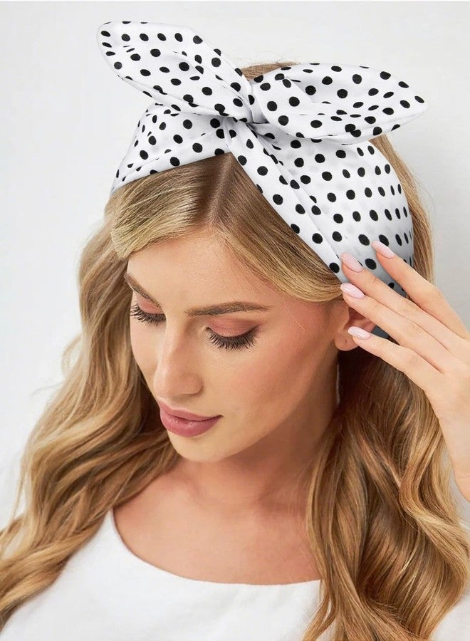 هواتشي طوق رأس هواتشي أبيض منقط، طوق شعر سلكي عتيق مع فيونكة، أطواق رأس عريضة، إكسسوارات شعر ريترو من الخمسينيات للنساء، طوق شعر لطيف لحفلات تنكرية على شكل أذني أرنب من الخمسينيات. - Image 4